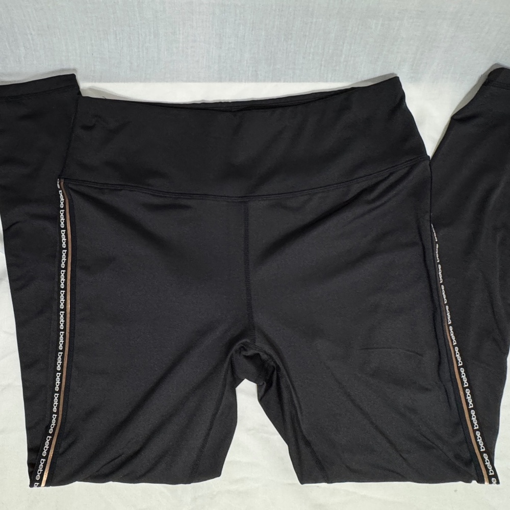 Bebe Sport Black Leggings with Metallic Rose Gold Stripe and Logo Size Large L